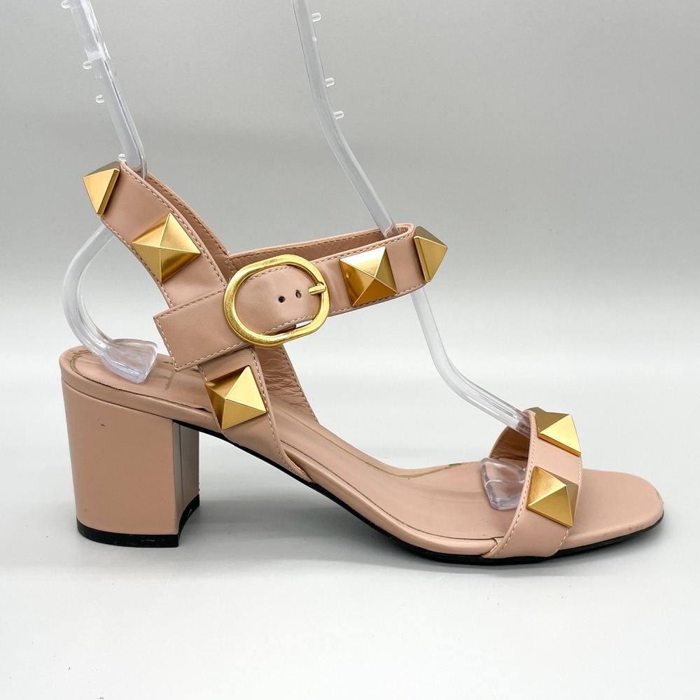 Valentino Garavani Roman Stud Block Heel Sandals Poudre Pink Leather Womens 38 8